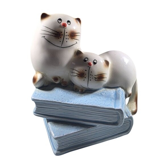 Ceramic Cat Coin Bank With Blue Book Stack Design Himalayan siamese whimsical - Picture 1 of 6